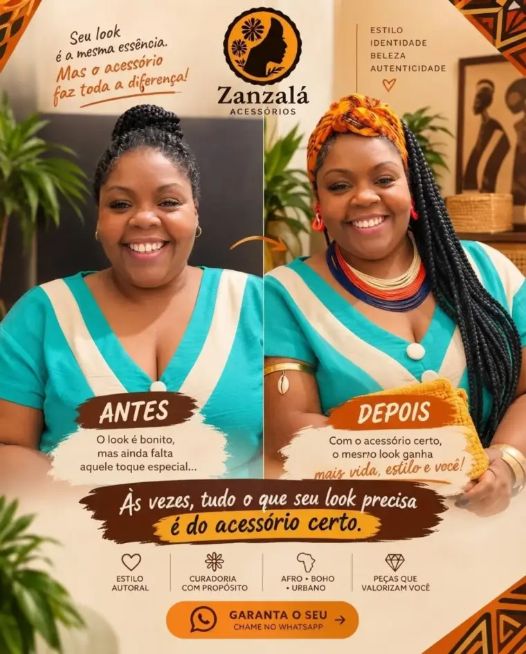 Antes e depois: o mesmo look ganha turbante, colar de miçangas e brinco.